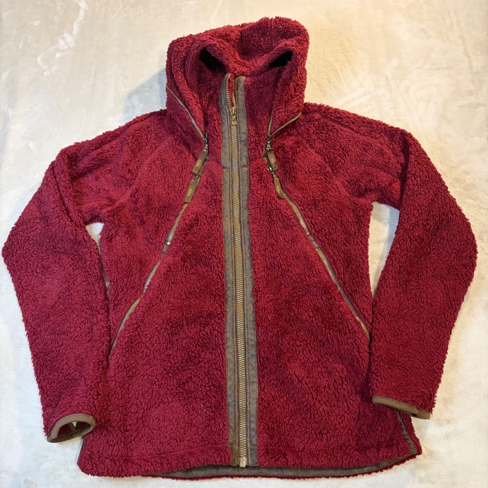 KUHL Flight Jacket Women Small Burgundy Wine Red High Pile Fleece Full Zip Hood